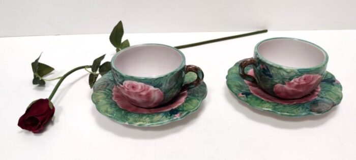 green earthenware tea and coffee cups with floral motifs by zaccagnini 1940s set of 2 3