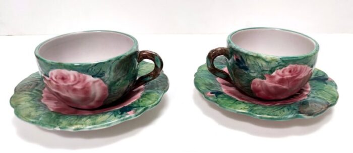 green earthenware tea and coffee cups with floral motifs by zaccagnini 1940s set of 2 4