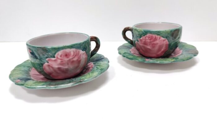 green earthenware tea and coffee cups with floral motifs by zaccagnini 1940s set of 2 6