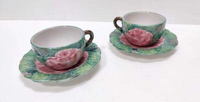 green earthenware tea and coffee cups with floral motifs by zaccagnini 1940s set of 2 7