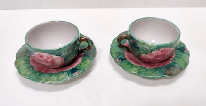 green earthenware tea and coffee cups with floral motifs by zaccagnini 1940s set of 2 8