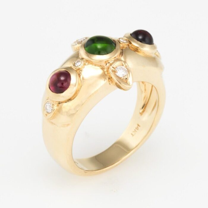 green pink tourmaline diamond band ring vintage 14k yellow gold estate jewelry 3039