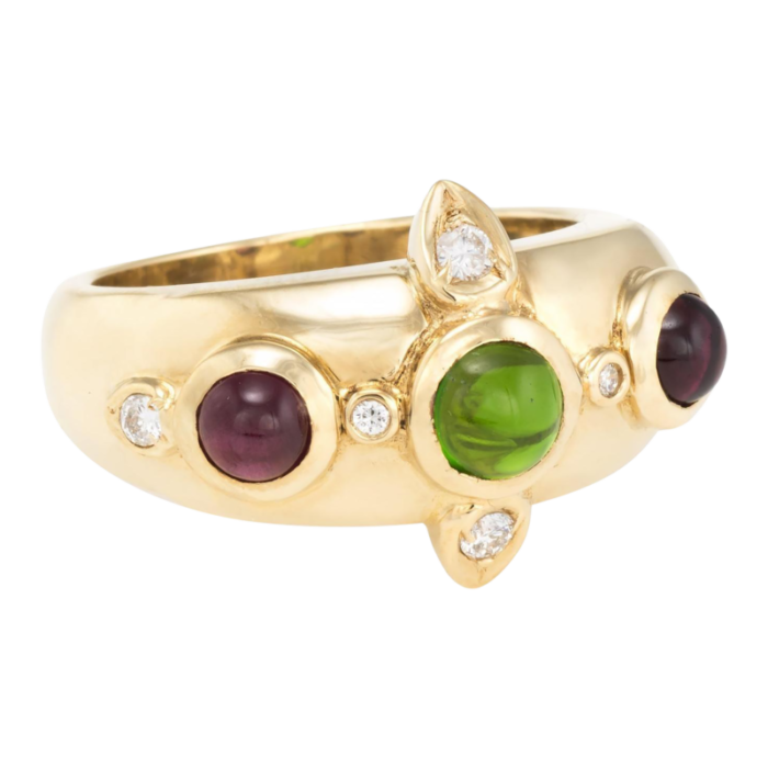 green pink tourmaline diamond band ring vintage 14k yellow gold estate jewelry 5575