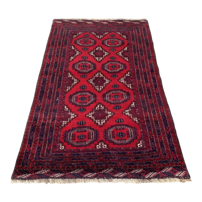 hand knotted vintage wool red and navy turkmen design rug 4 x 61 0403