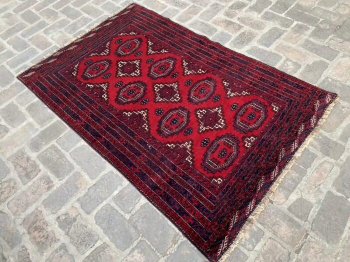 hand knotted vintage wool red and navy turkmen design rug 4 x 61 6160