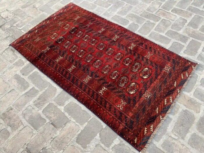 hand knotted wool red geometric bokhara pattern rug 34 x 6 9348