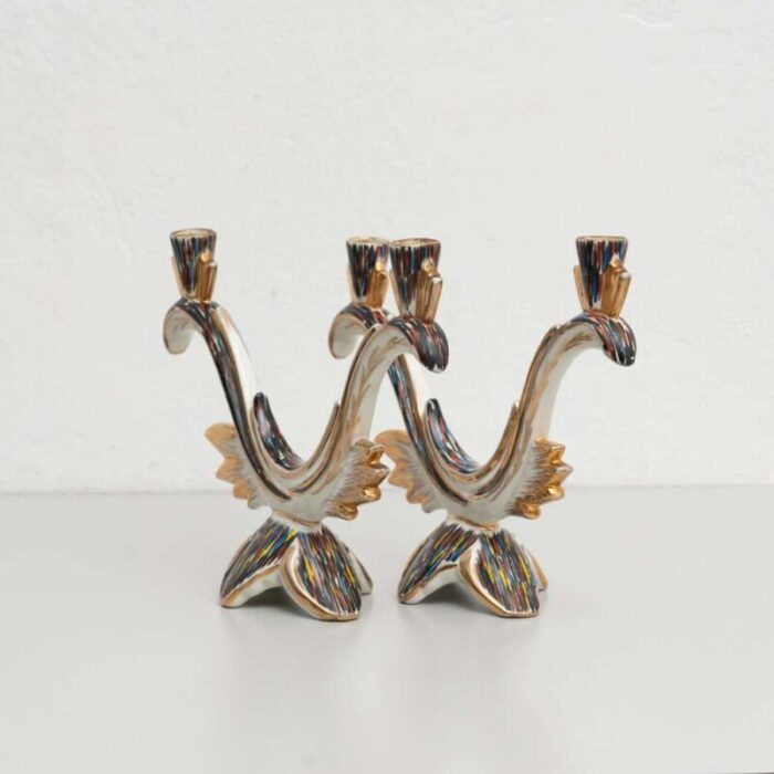 hand painted ceramic candleholders 1940s set of 2 4