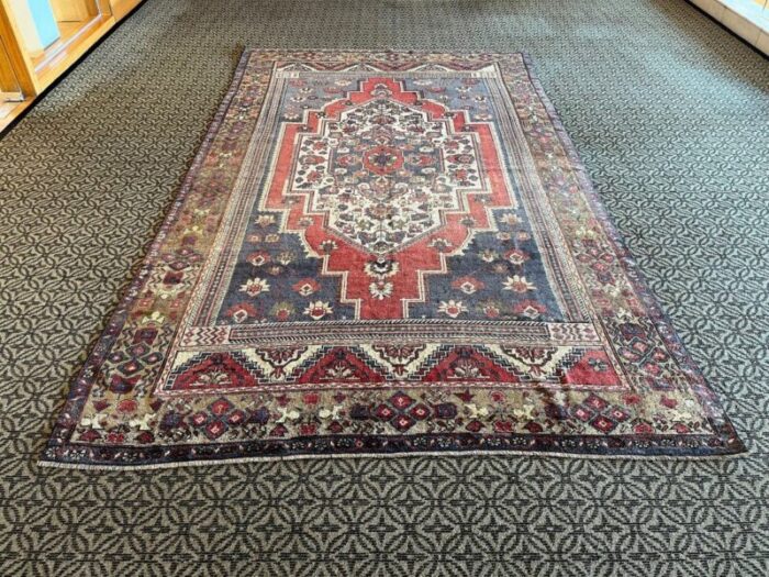 handmade faded blue and red oushak rug 1980s 1