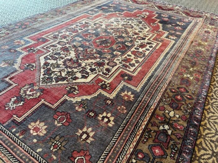 handmade faded blue and red oushak rug 1980s 10