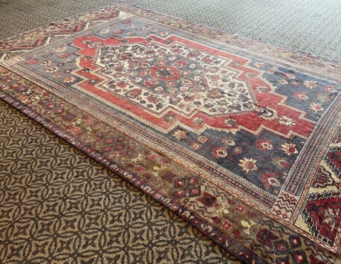 handmade faded blue and red oushak rug 1980s 4