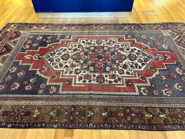 handmade faded blue and red oushak rug 1980s 5