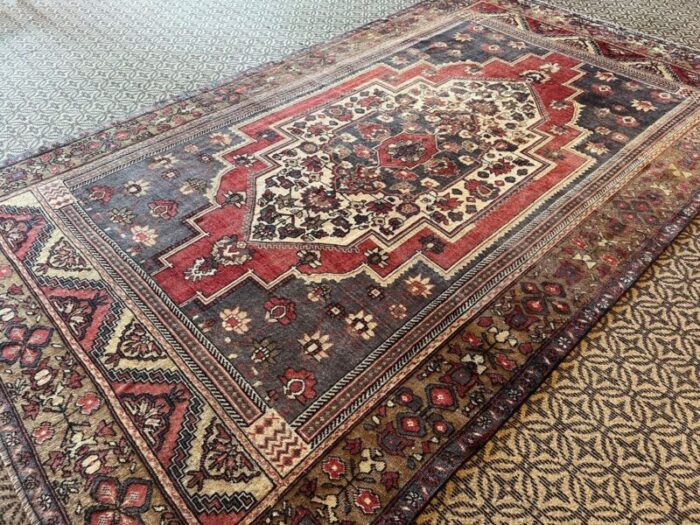 handmade faded blue and red oushak rug 1980s 6