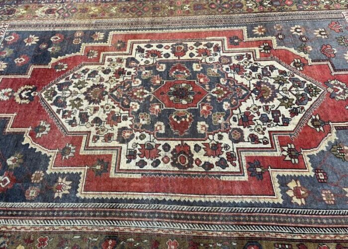 handmade faded blue and red oushak rug 1980s 9