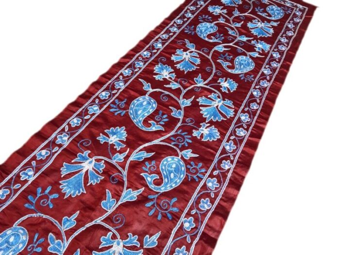 handmade pure silk table runner with blue flowers 1980s 10