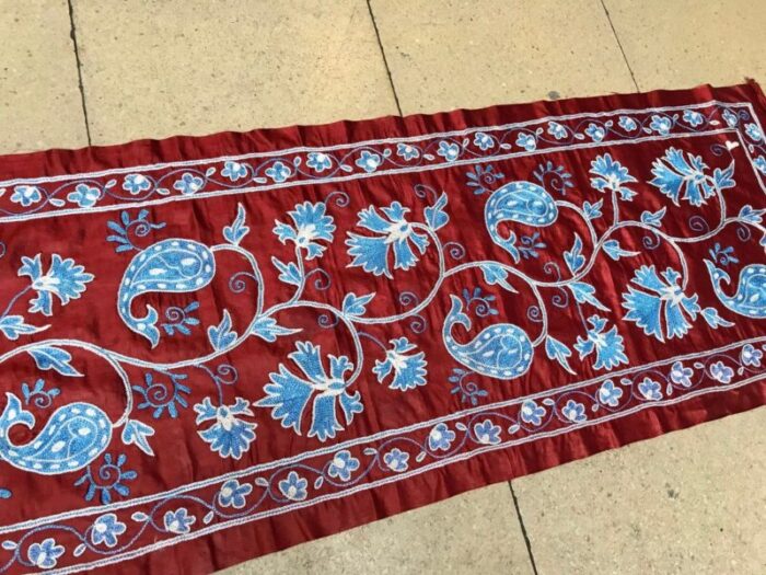 handmade pure silk table runner with blue flowers 1980s 3