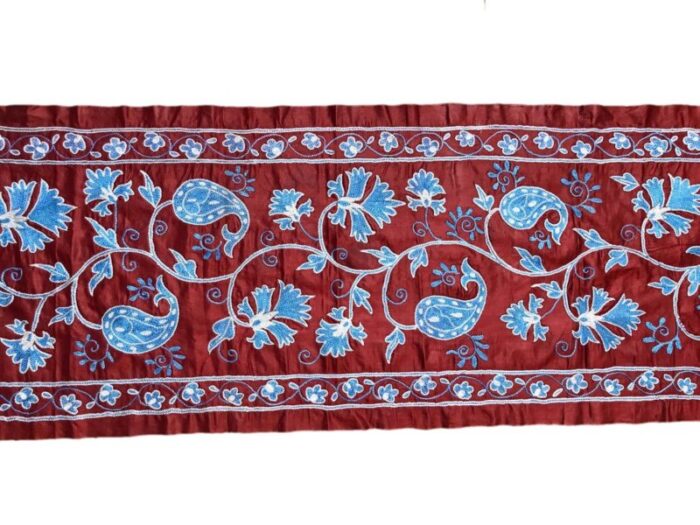 handmade pure silk table runner with blue flowers 1980s 4