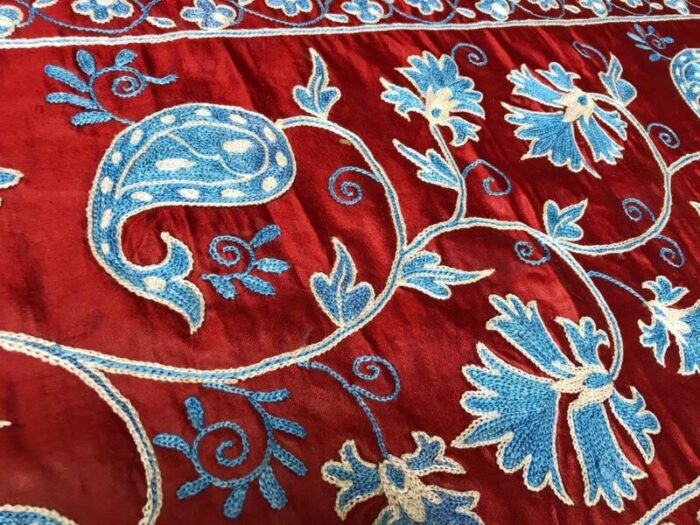 handmade pure silk table runner with blue flowers 1980s 6