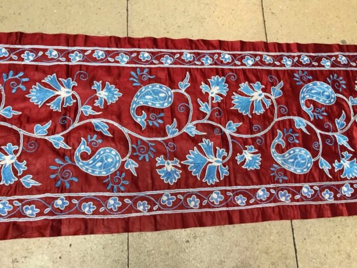 handmade pure silk table runner with blue flowers 1980s 9