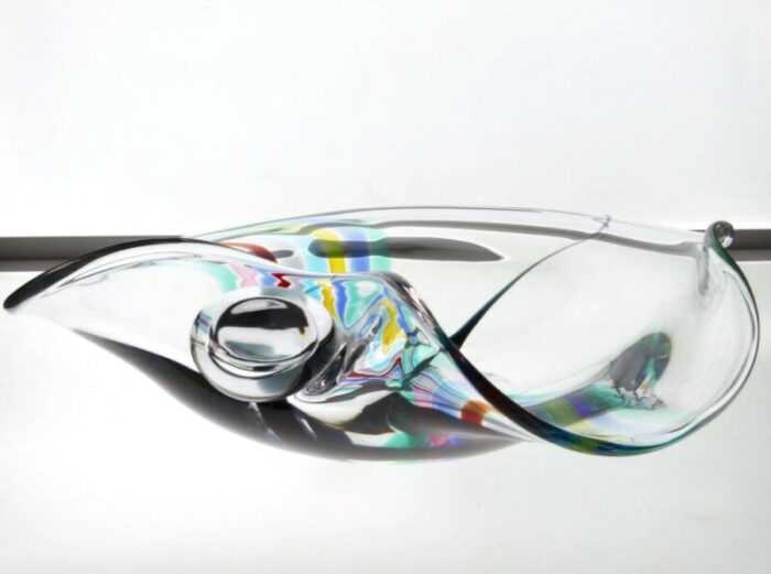 heavy murano glass bowl with rainbow design and glass globe by livio seguso 1980s 11