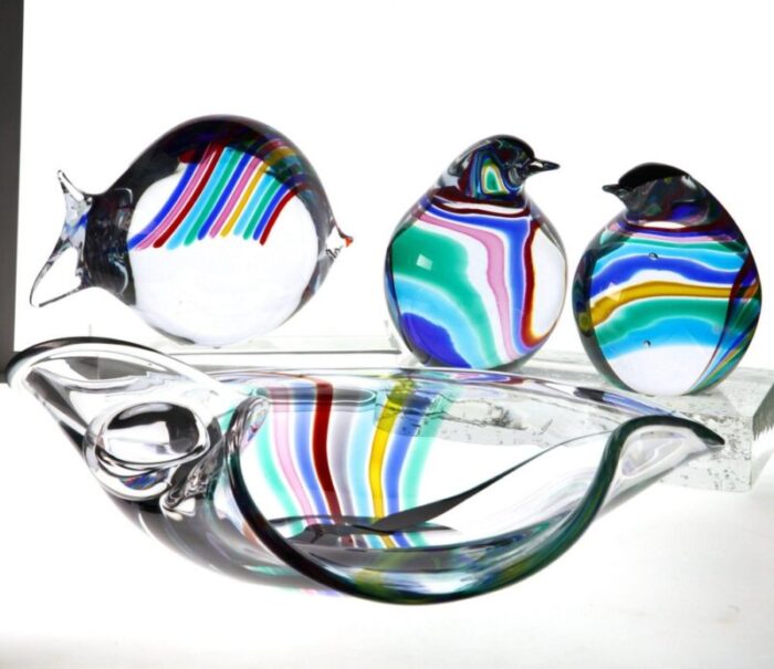 heavy murano glass bowl with rainbow design and glass globe by livio seguso 1980s 13