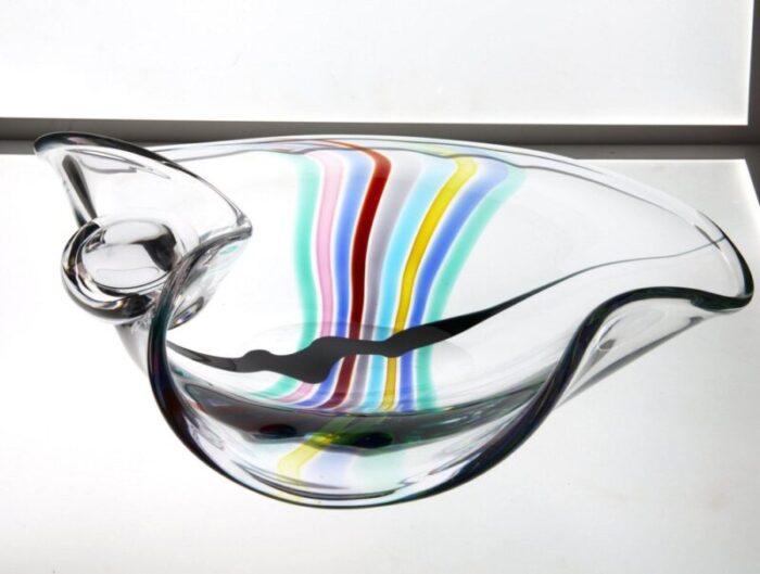 heavy murano glass bowl with rainbow design and glass globe by livio seguso 1980s 15