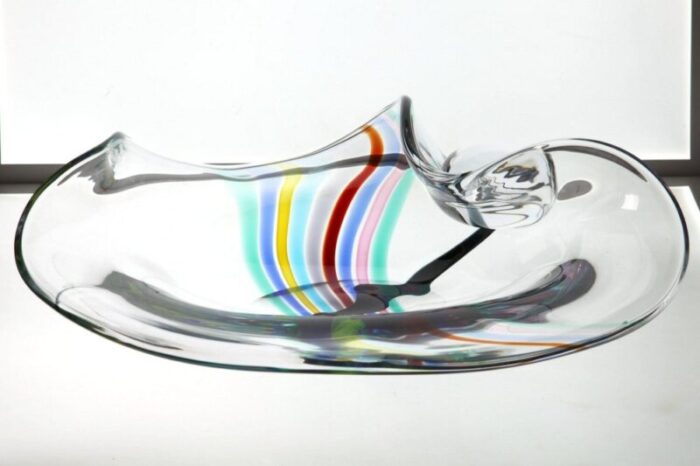 heavy murano glass bowl with rainbow design and glass globe by livio seguso 1980s 17