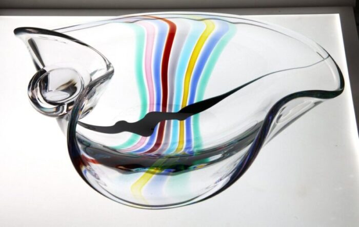 heavy murano glass bowl with rainbow design and glass globe by livio seguso 1980s 2