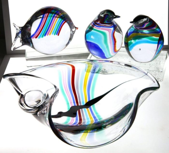 heavy murano glass bowl with rainbow design and glass globe by livio seguso 1980s 20