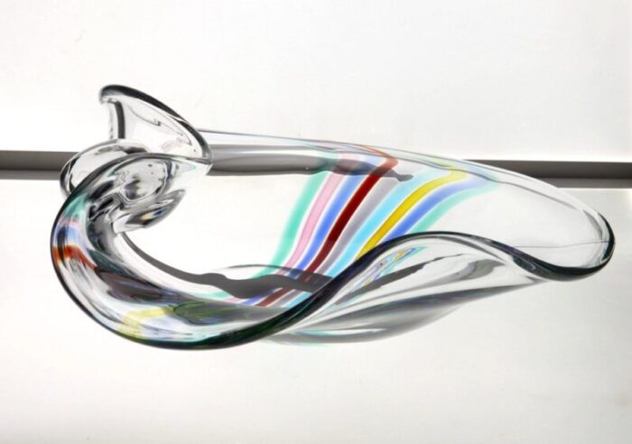 heavy murano glass bowl with rainbow design and glass globe by livio seguso 1980s 6