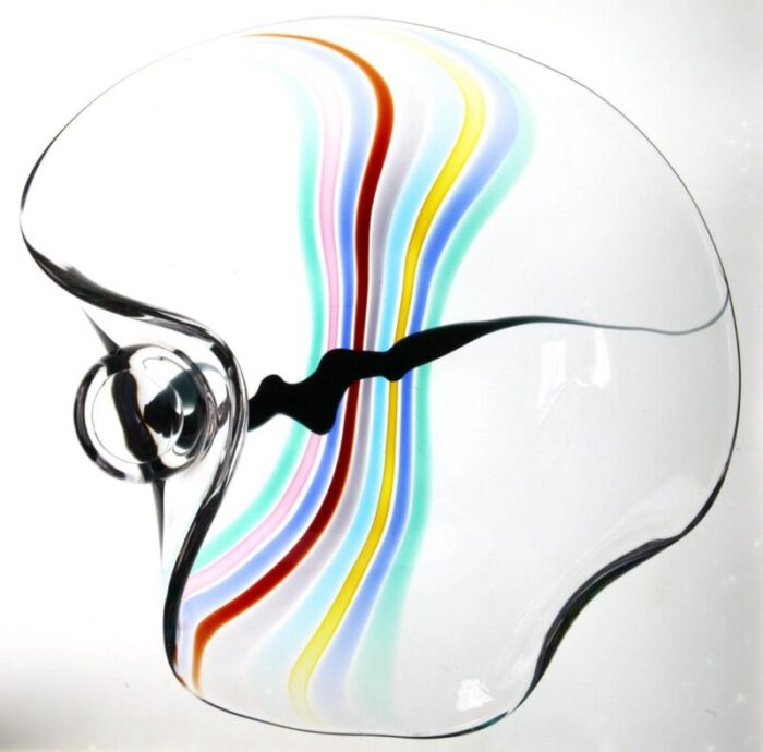 heavy murano glass bowl with rainbow design and glass globe by livio seguso 1980s 8