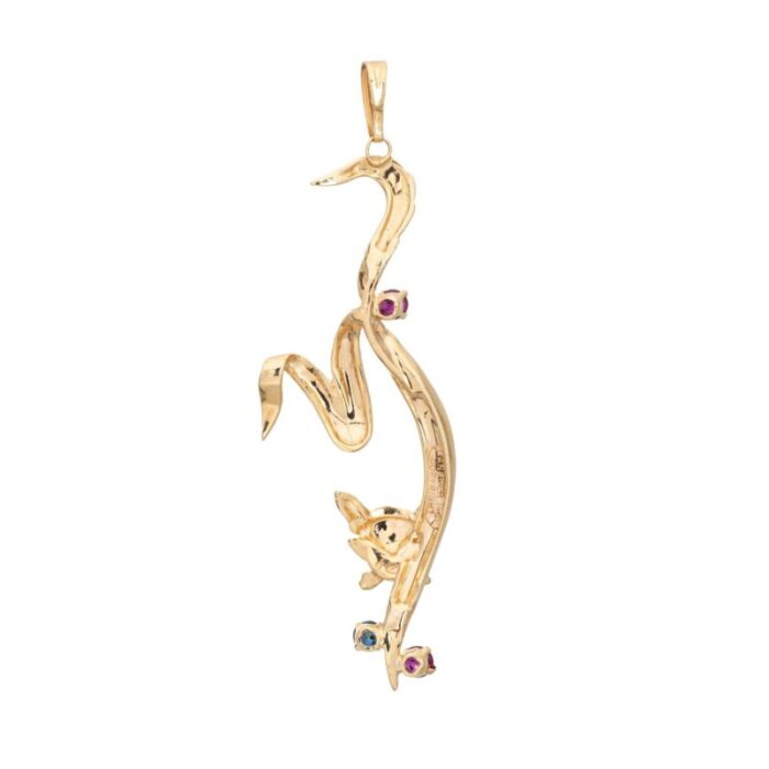 henry dankner cat pendant vintage 14k yellow gold sapphire ruby animal jewelry 0879