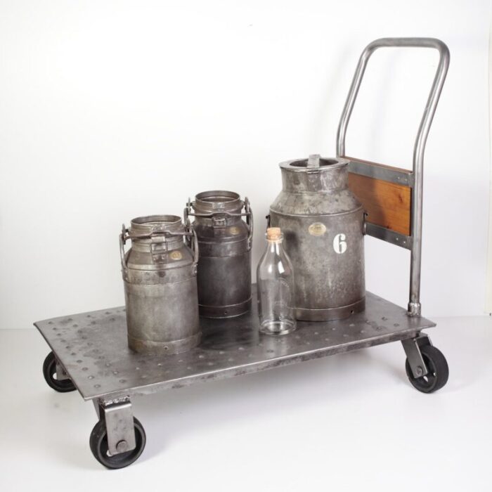 industrial cart trolley and iron milk jugs czechoslovakian 1950s set of 5 12