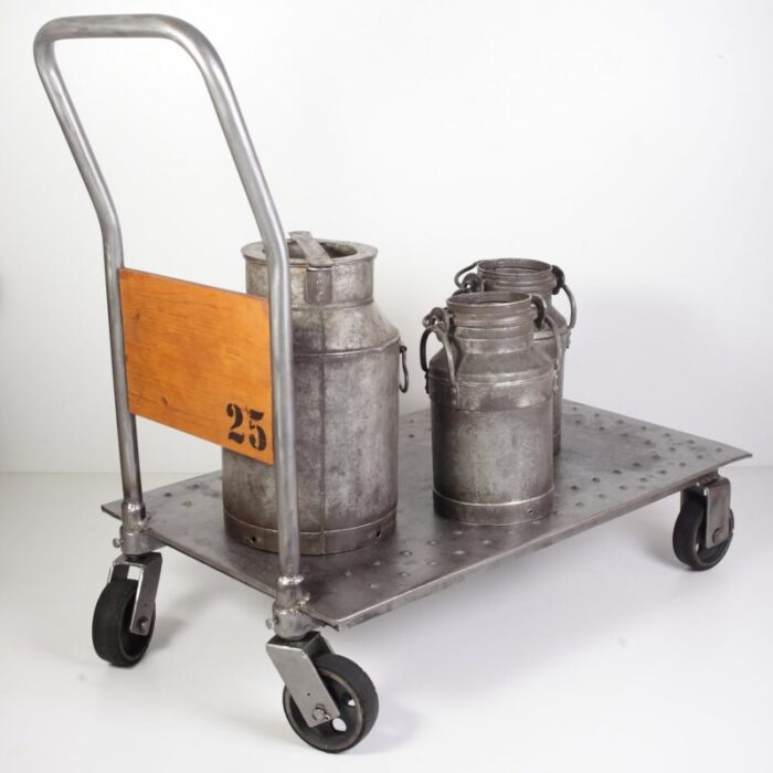 industrial cart trolley and iron milk jugs czechoslovakian 1950s set of 5 2