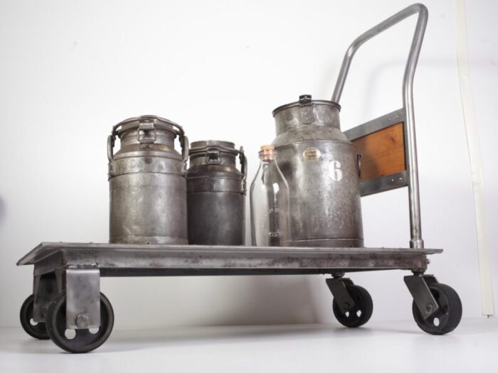 industrial cart trolley and iron milk jugs czechoslovakian 1950s set of 5 3