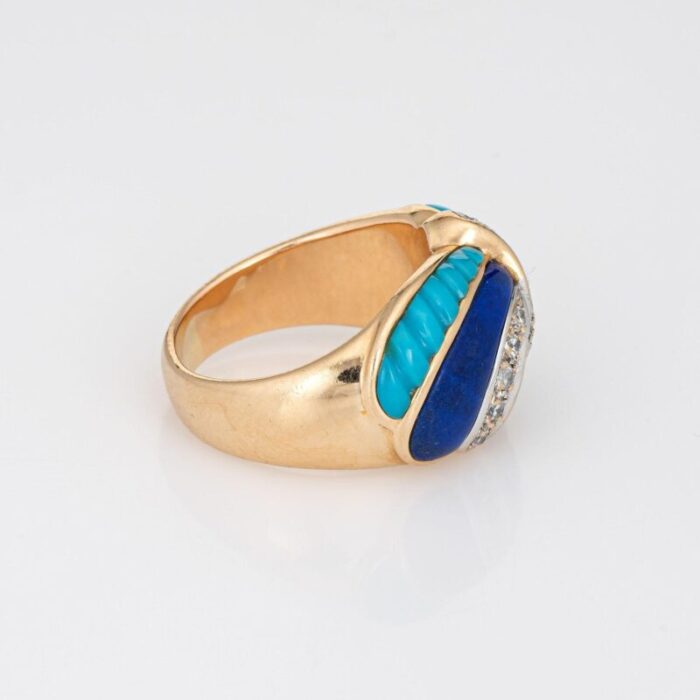 inlaid turquoise lapis diamond band 14k yellow gold sz 6 ring estate jewelry 1522