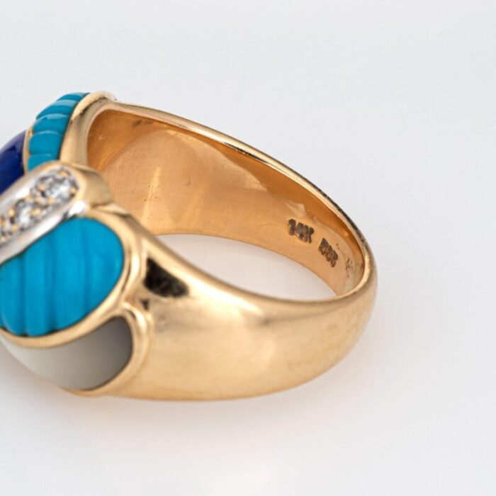 inlaid turquoise lapis diamond band 14k yellow gold sz 6 ring estate jewelry 1982