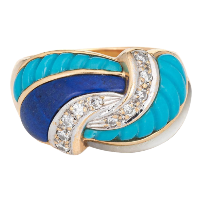 inlaid turquoise lapis diamond band 14k yellow gold sz 6 ring estate jewelry 3867