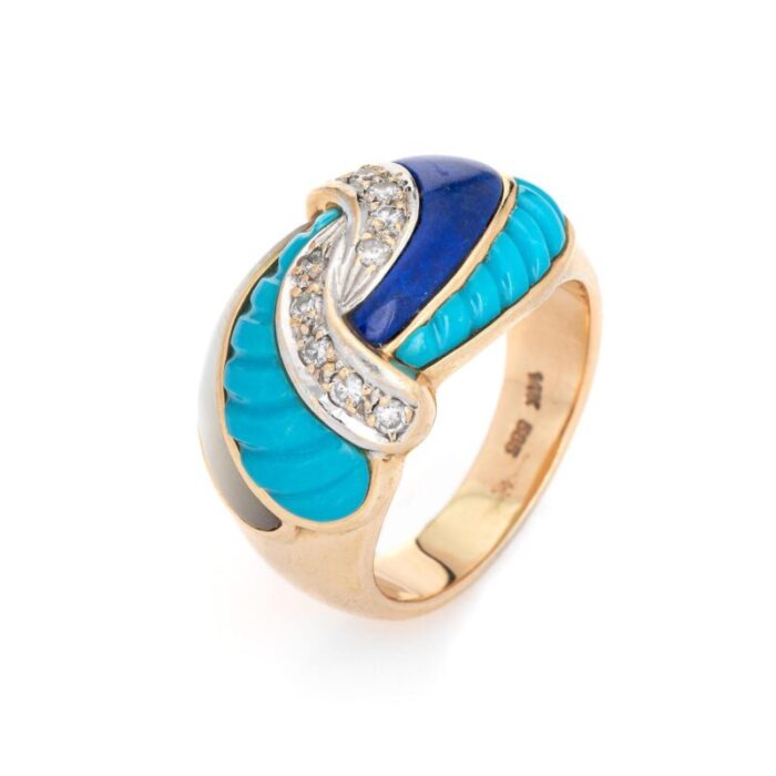 inlaid turquoise lapis diamond band 14k yellow gold sz 6 ring estate jewelry 5459