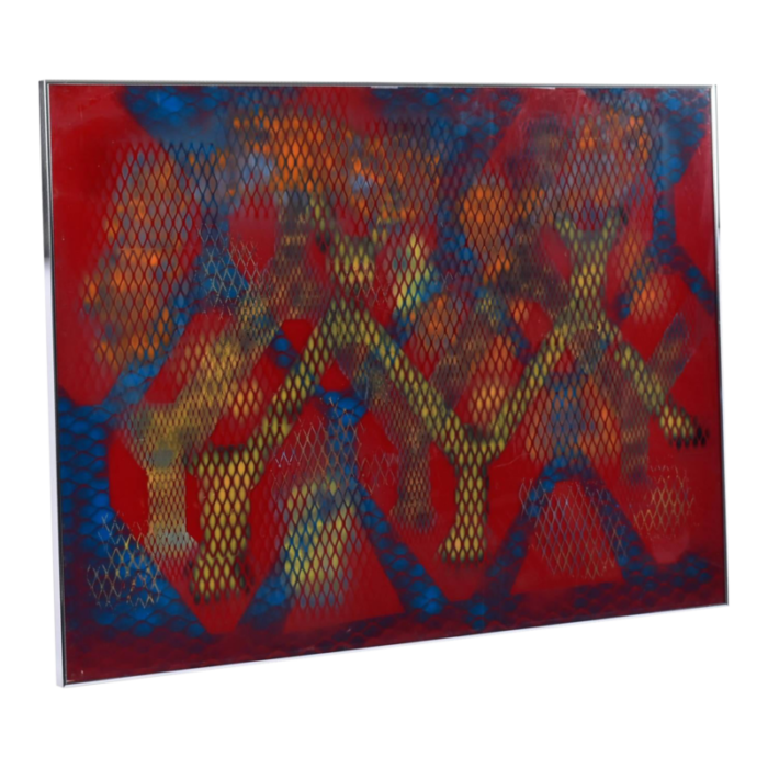 jack beckemeyer 1976 large red blue orange and yellow printed acetate painting 9085