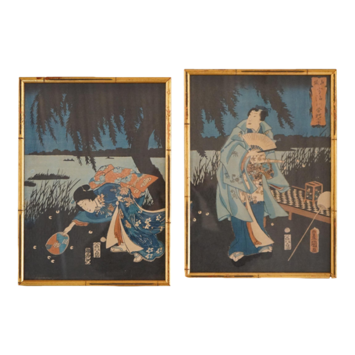 japanese woodblock gere prints by utagawa hiroshige ii framed 20thc set of 2 7505