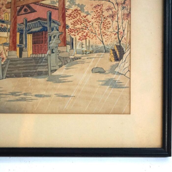 japanese woodblock print of pagoda at mt fuji by tokuriki tomikichiro 20thc framed 7659