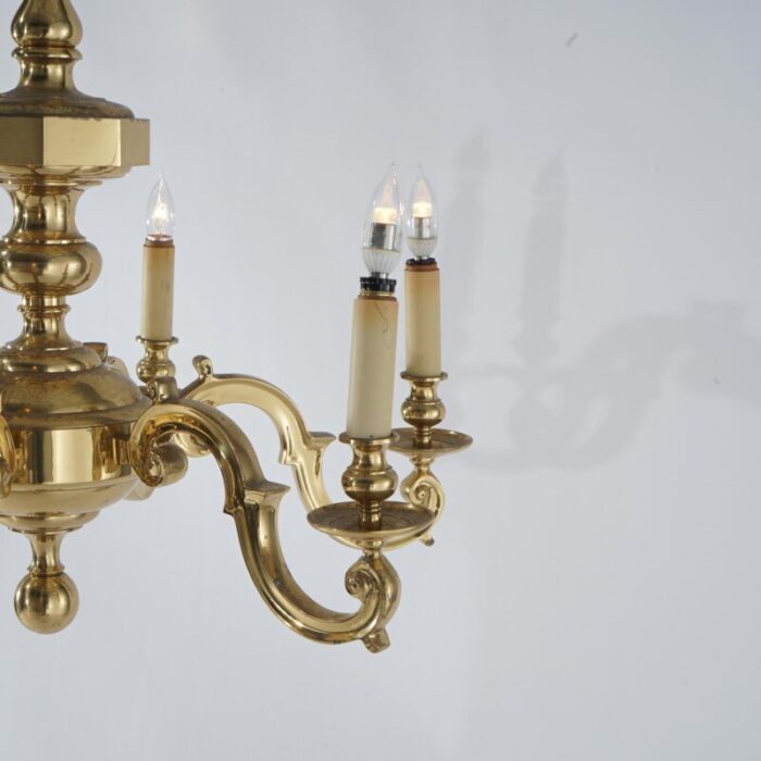 large 1930s neoclassical brass six arm scroll form chandelier 0395