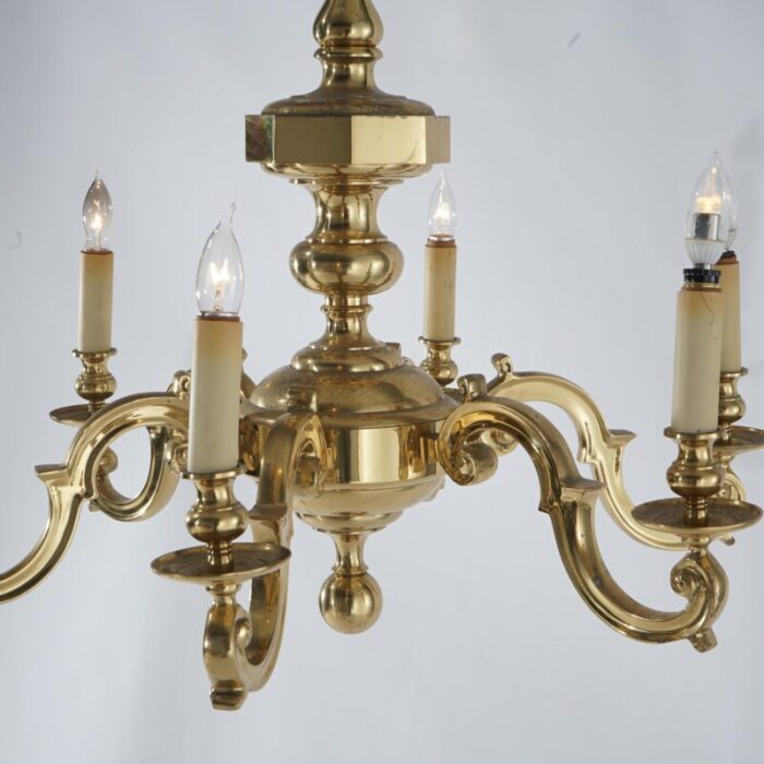 large 1930s neoclassical brass six arm scroll form chandelier 1750