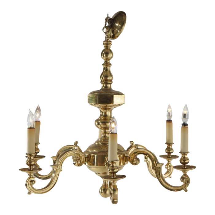 large 1930s neoclassical brass six arm scroll form chandelier 2309