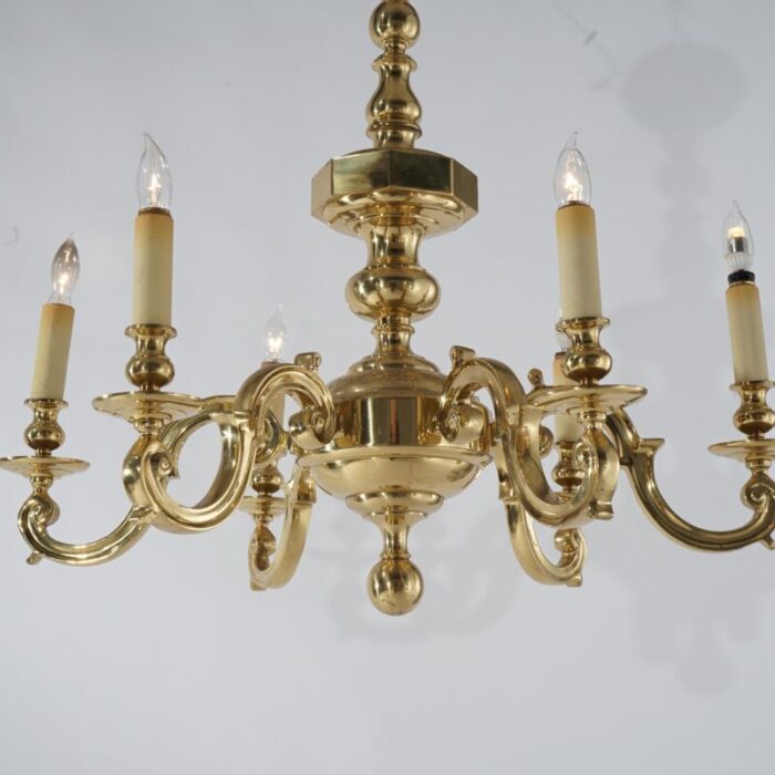 large 1930s neoclassical brass six arm scroll form chandelier 6420