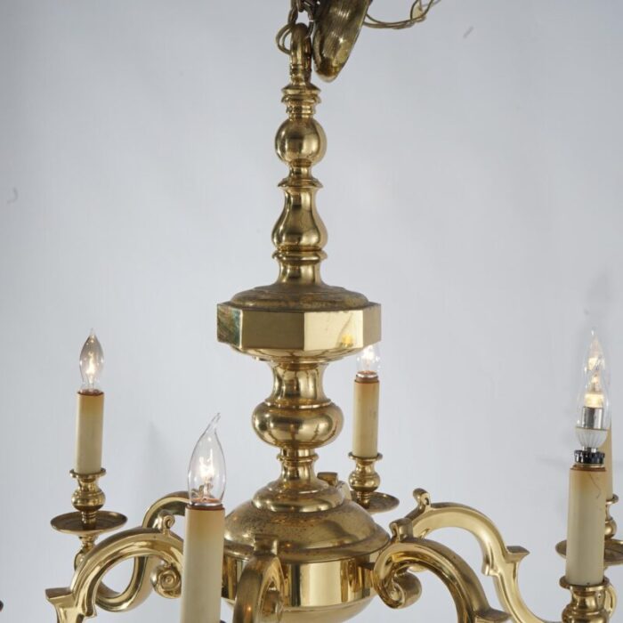 large 1930s neoclassical brass six arm scroll form chandelier 6641