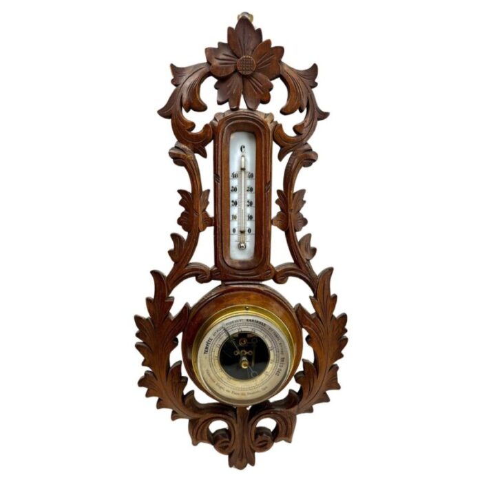 large art nouveau style weather station in carved walnut belgium 1910s 1