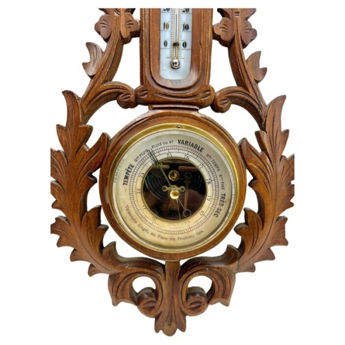 large art nouveau style weather station in carved walnut belgium 1910s 2