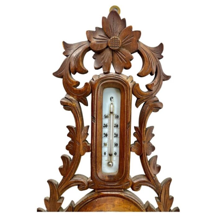 large art nouveau style weather station in carved walnut belgium 1910s 3