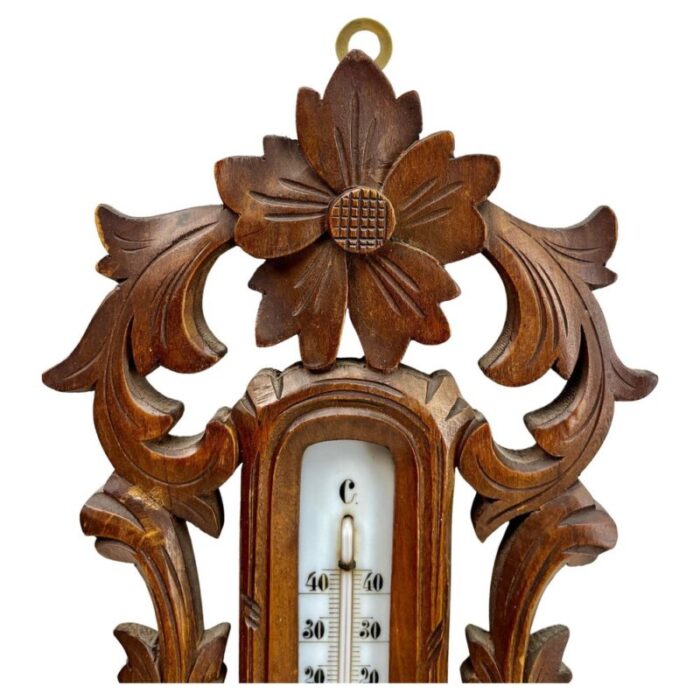 large art nouveau style weather station in carved walnut belgium 1910s 8